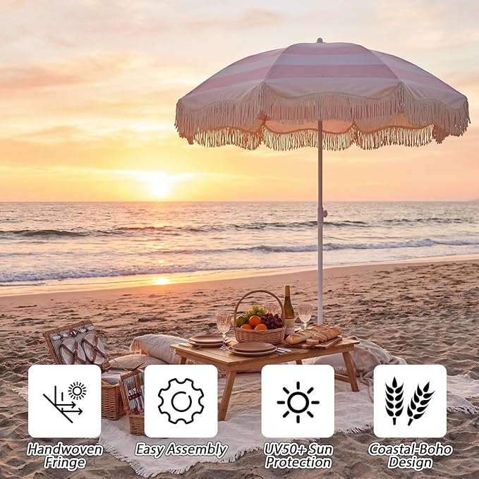 Boho Fringe Beach Umbrella with Extra Large Picnic Blanket Set, 6.5Ft UPF50+ Tassel Ruffles Umbrella 71"x 91" Picnic Blanket for Beach Wedding Bridal Shower Birthday Party Patio Lawn
