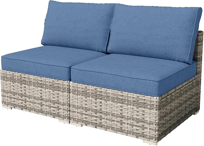 Weaxty 2 Pieces Patio Furniture Sets Middle Seats, Wicker Outdoor Sectional Sofa with Thicken Cushion, Patio Conversation Couch Set for Porch, Balcony,Yard, Poolside, Denim Blue