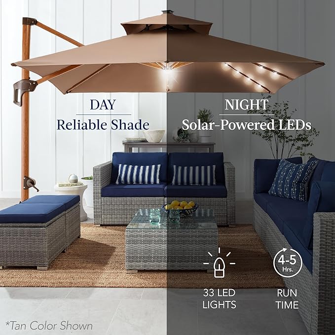 Best Choice Products 10ft Square Cantilever Patio Umbrella w/Base Included, Woodgrain Pattern Pole & Solar LED Lights, 360-Rotation, Offset Hanging Outdoor Shade