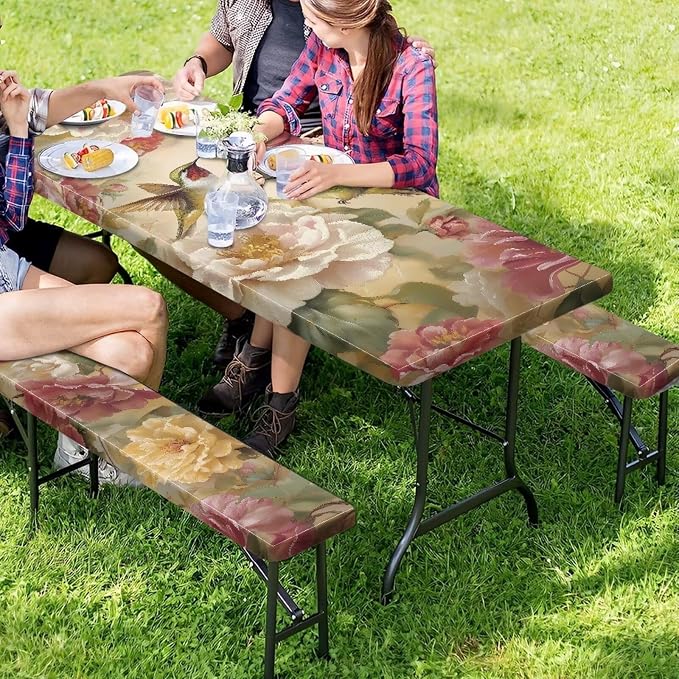 Hummingbird Picnic Table Cover with Bench Covers, Washable Outdoor Camping Essentials Fitted Picnic Table Cover with Bench Covers Suitable for Summer Outdoor Camping