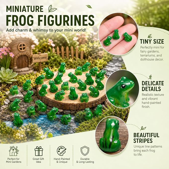 Exasinine 30 Pcs Resin Mini Frogs Green Frog Miniature Figurines Animals Model Fairy Garden Miniature Moss Landscape DIY Terrarium Crafts Ornament Accessories for Home Décor(A) | 50 Small Frog Figurines for Home Decor, Terrarium, Miniature Landscape, S...