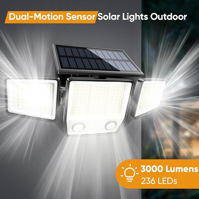 Solar Motion Sensor Outdoor Lights Waterproof - 3000LM 3 Modes Security Lights Outdoor 270° Illumination IP65 LED Solar Flood Wall Light for Garden Yard Patio Pathway (With ‎Remote Control, 3)
