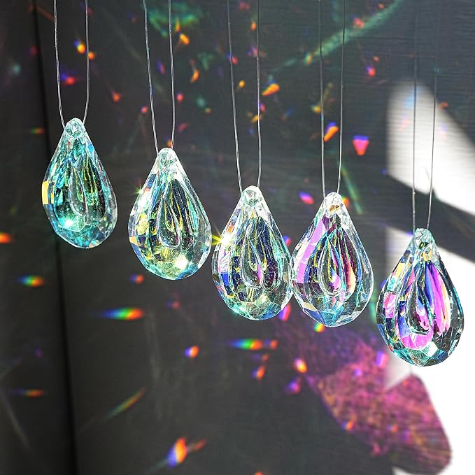 12pcs Suncatcher Crystal 50mm AB Loquat Shape Chandelier Parts Drops Prisms | Rainbow Maker,Hanging Crystal Sun Catchers,Colorful Glass Ornaments For Christmas Tree,Glass Beads For Suncatcher