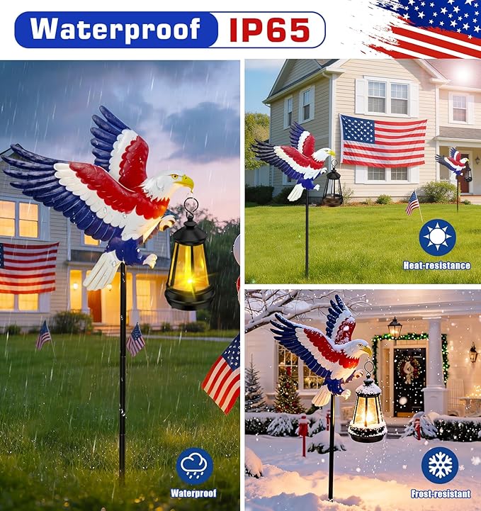 4th of July Decorations Outdoor Solar Lights, Solar Eagle Garden Lights with Lantern, Patriotic Eagle Stake Light for Yard Lawn Garden Patio, USA 250th Anniversary Decor for Memorial Day Veterans Day