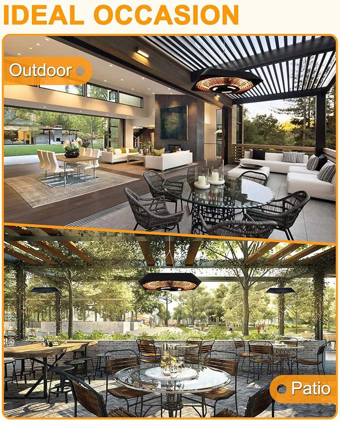 Star Patio Electric Patio Heater, Outdoor Heater with Remote and Touch Switch, 750W/1500W Infrared Hanging Heaters with SQUARE SHAPE Black Finish, IP45 Waterproof, STP1568-RMLED-SQN2025