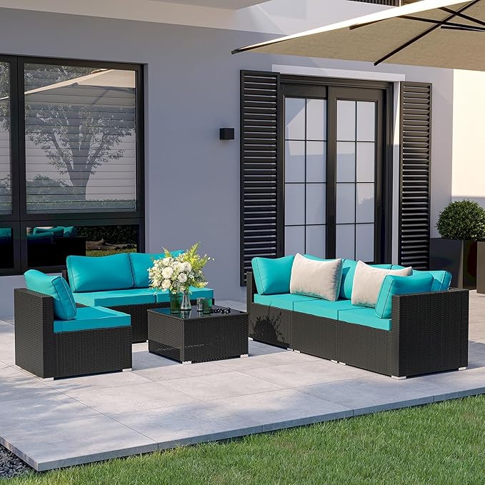 7-Piece Outdoor Patio Sectional Sofa Set – PE Wicker Rattan Conversation Furniture with Coffee Table, Cushions & Clips, Modular Patio Couch for Porch, Poolside, Backyard, Garden – Black Rattan