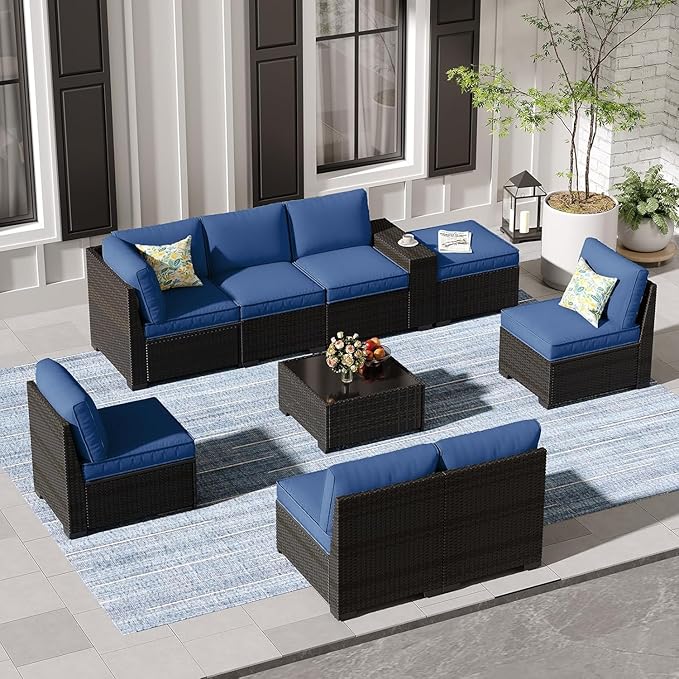 9 Pieces Outdoor Patio Furniture Set, Wicker Conversation Sets with Tea Table, Rattan Patio Sofa with Thick Cushions for Garden, Backyard Porch, Poolside,Navy