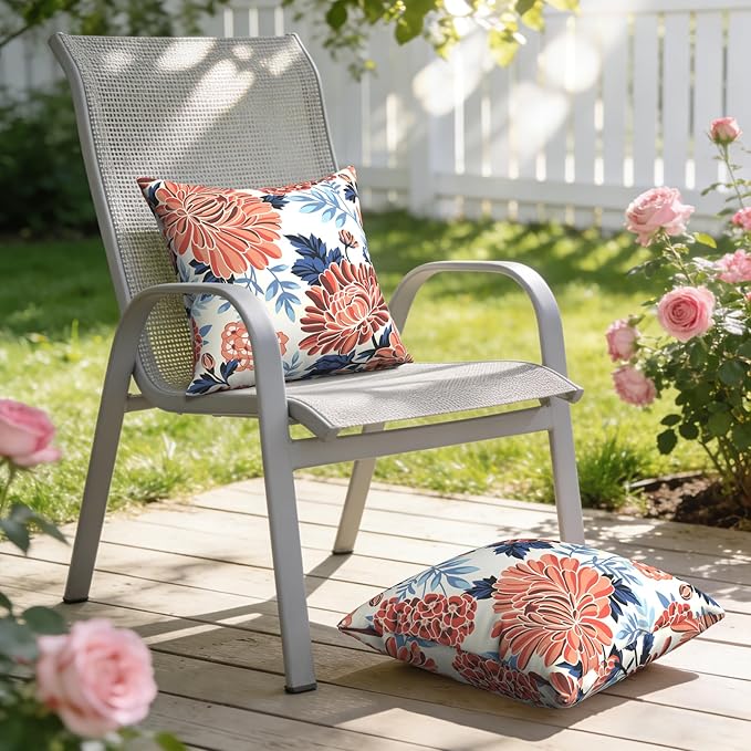 Outdoor Pillows with Insert 18x18 Inch, Waterproof Throw Pillow for Patio Furniture, Decorative Back Cushion for Garden Home Sofa Office Chair, Set of 2, Red Chrysanthemum
