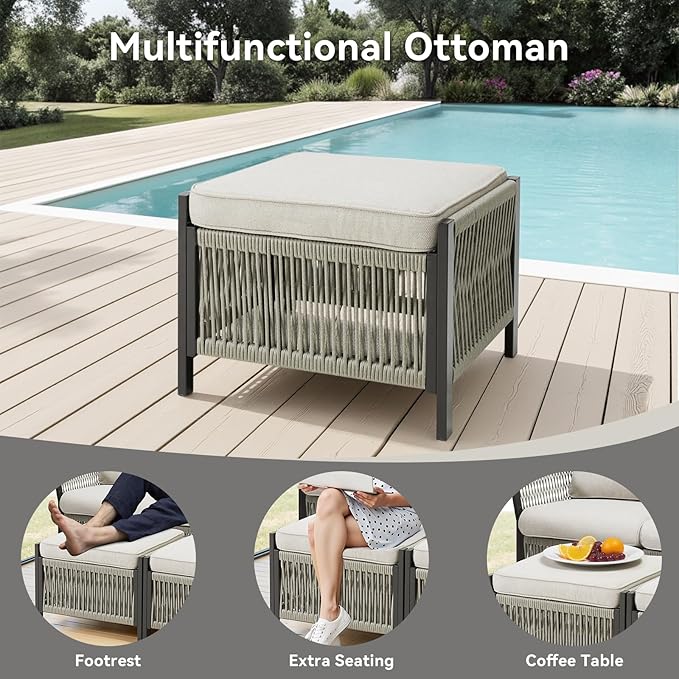 Wicker Outdoor Patio Furniture Set, 5 Piece Patio Conversation Set with Swivel Rocker Chairs, Ottomans and Coffee Table for Garden, Porch, Backyard (Beige)