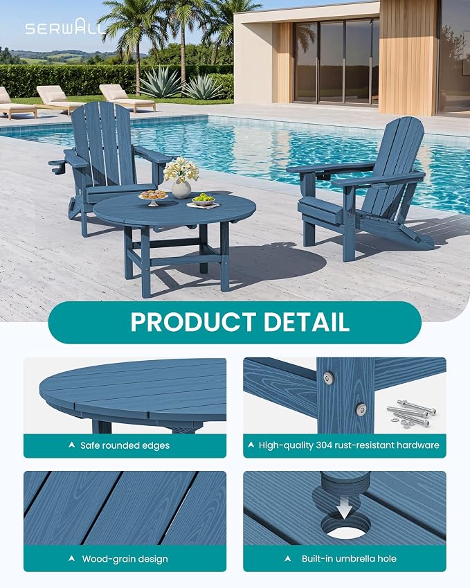 SERWALL 6-Piece Patio Set, 4 Folding Adirondack Chairs with Cup Holders, Round Table & Center Pole Umbrella, HDPE Plastic, Blue