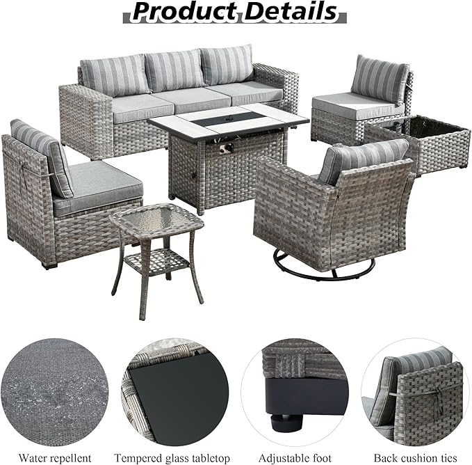 HOOOWOOO Outdoor Patio Sectional Furniture Sofa Set with Large Fire Pit Table,9 Piece Modern Wicker Couch with Swivel Chair,Modular Conversation Seating Set with Widened Armrest(Grey Strips)