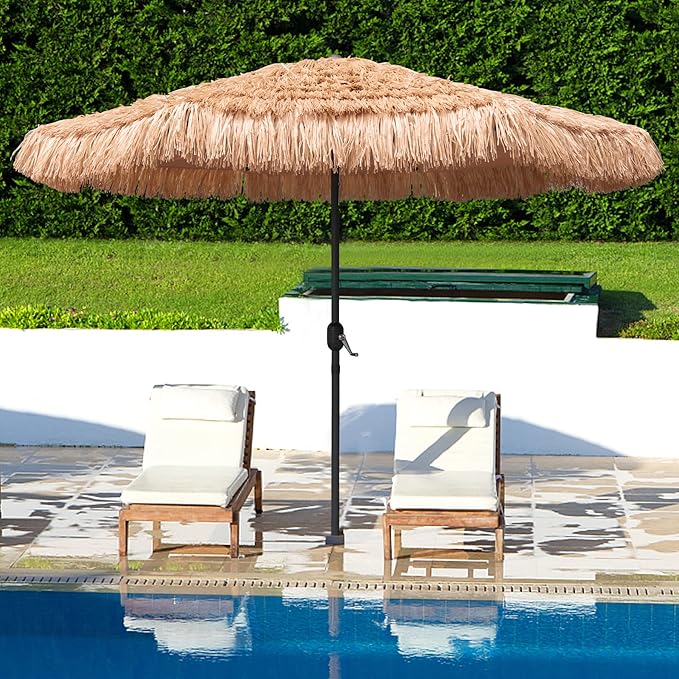AMMSUN 9ft Hula Thatched Tiki Umbrella Hawaiian Style Beach Patio Umbrella and 8 Ribs with Crank Lift UPF 50+ Outdoor Tiki Bar, Tropical Palapa, Patio Garden Beach Pool Backyard Natural Color