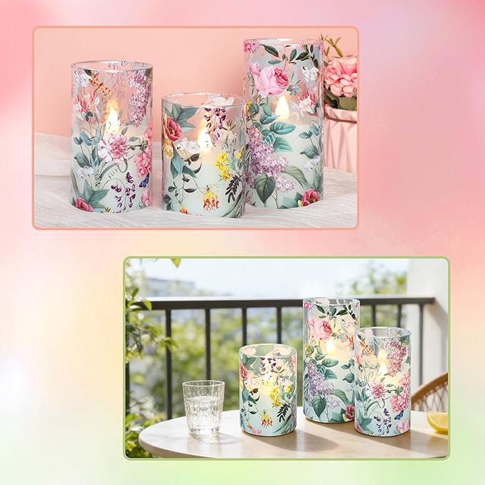 Silverstro Floral Flameless Candles with Remote Timer, Pink Rose and Lilac Pattern LED Glass Candles, Battery Operated for Home Party Wedding Christmas Spring Valentine's Day Decor, Set of 3