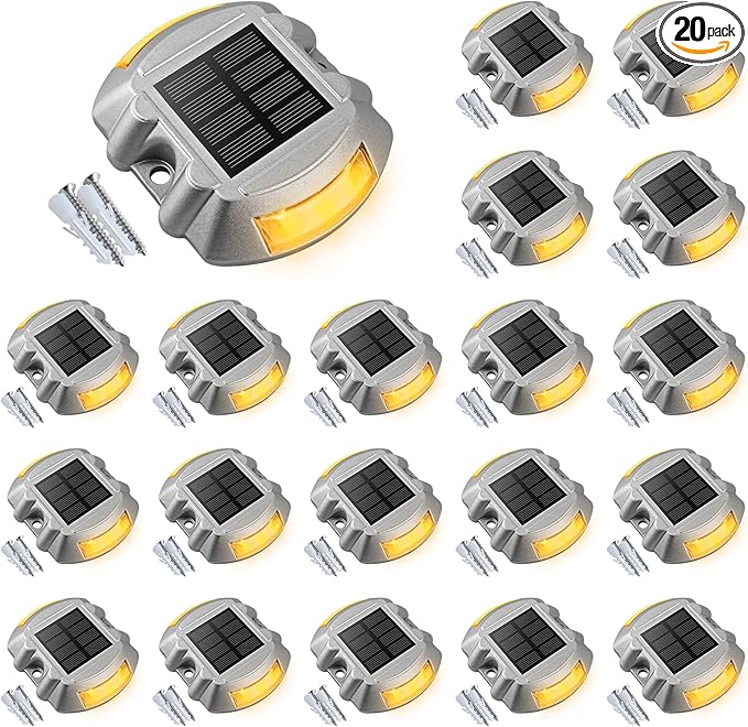 VOLISUN Solar Deck Lights Driveway Dock Lights, 20-Pack Led IP68 Waterproof Outdoor Warning Step Lights for Driveway Sidewalk Garden Pathway Yard(Warm White, Auto On/Off