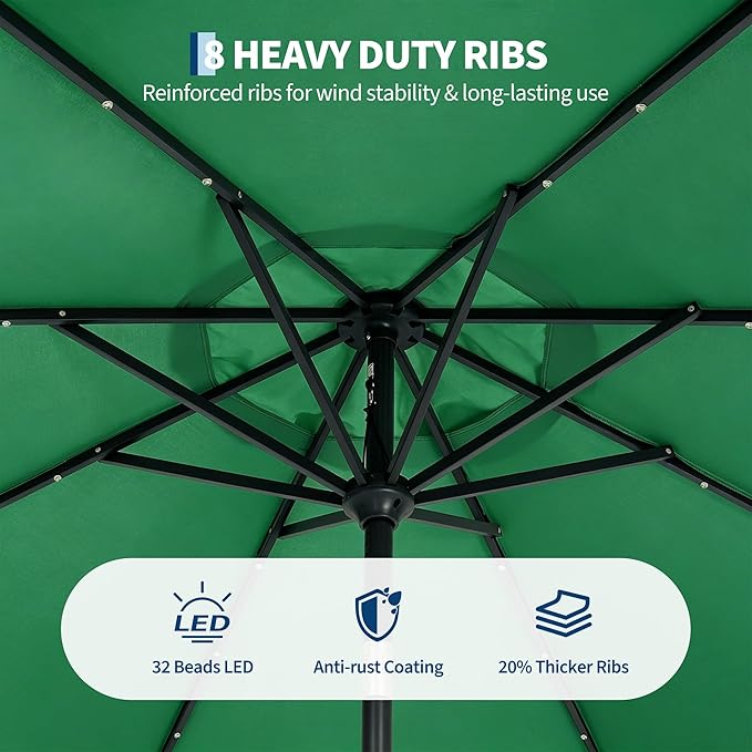 Garvee 10FT Patio Umbrella with 32 Solar LED Lights, Outdoor Table Market Umbrella with Tilt and Crank, 8 Sturdy Iron Ribs Sun Shade for Garden, Deck, Backyard and Pool, Dark Green