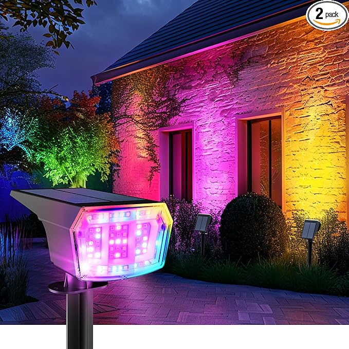 AUDERWIN Color Changing Solar Spot Lights Outdoor, 9 Lighting Modes Colored Solar Lights Outdoor RGB, Color Light Waterproof IP65, Landscape Spotlights for Halloween Christmas Decorations