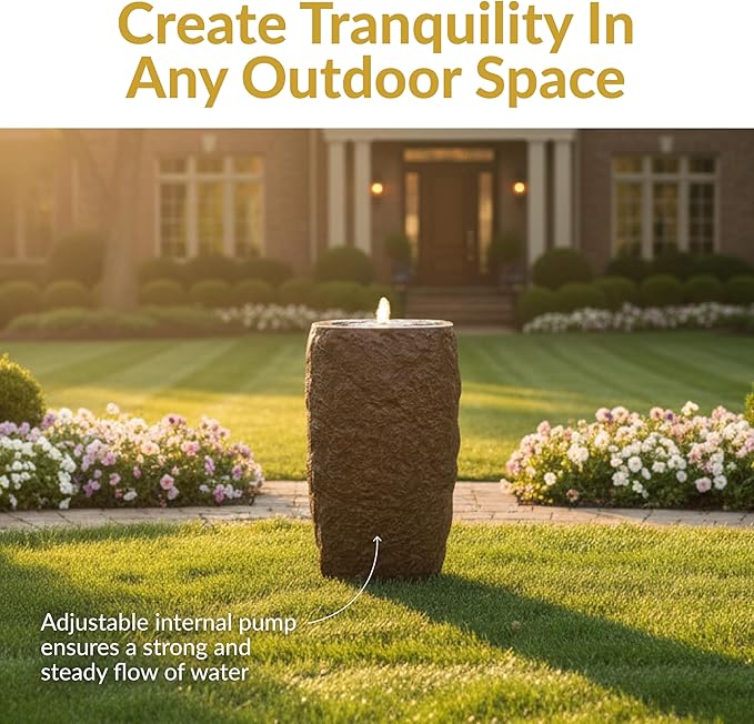 Sunnydaze Outdoor Water Fountain with LED Light - Polystone Cylinder Bowl Bubbler Water Feature with Pump - 29.5" H - for Patio, Garden, Deck, Relaxation and Stress Relief - Brown