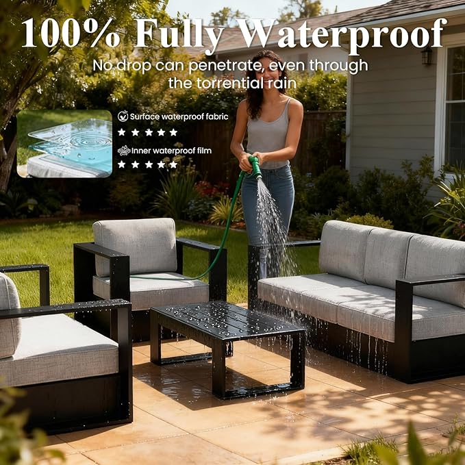 LayinSun Oversized Aluminum Outdoor Furniture Set, 4 Piece Patio Sofa Sets with Coffee Table, Deep Seating and Upgraded 6-inch Cushions for Porch, Balcony, Deck