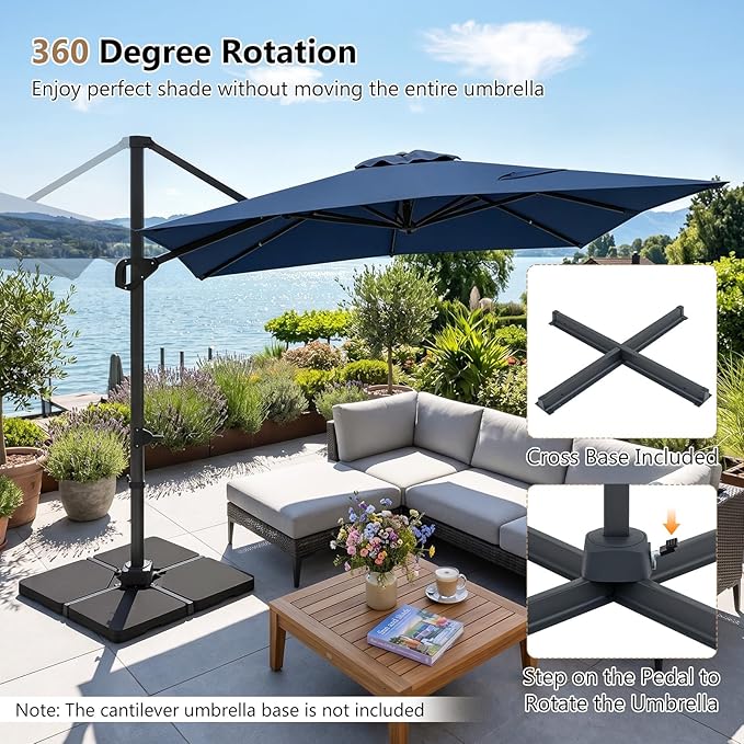 Tangkula 11 x 9 FT Patio Umbrella, Large Offset Cantilever Outdoor Umbrella with Aluminum Pole, 360 Degree Rotation, Tilt Adjustment, 8 Sturdy Ribs, Air Vent & Cross Base for Backyard Pool Garden Deck (Navy, 11x9 FT)
