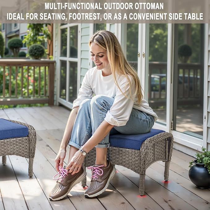 Belord 5 Piece Swivel Rocker Glider Outdoor Chairs Set of 2 with Ottoman and Glass Side Table Patio Bistro Furniture Set, Comfort High Back Wicker Patio Conversation Set for Deck Porch Sunroom