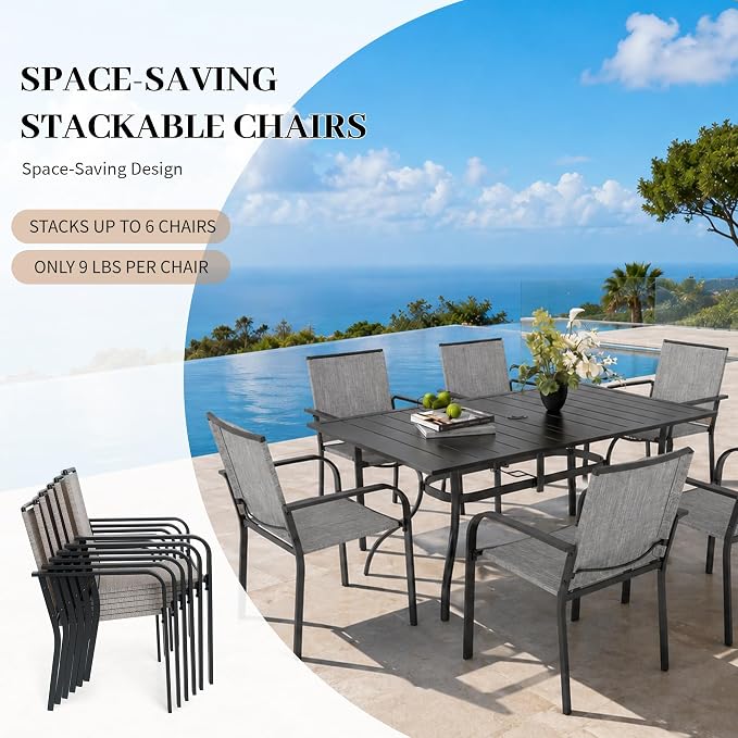 Anmutig 7-Piece Outdoor Dining Set, Powder Coated Steel Table with 6 Stackable Chairs and Rectangular Table, Grey Fabric