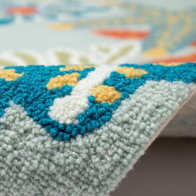 Liora Manne RAVELLA Indoor/Outdoor Hand Tufted Synthetic Blend Durable Area Rug - Contemporary Border Coastal Fish Decorative (Ocean Scene Aqua) (8'3" x 11'6")