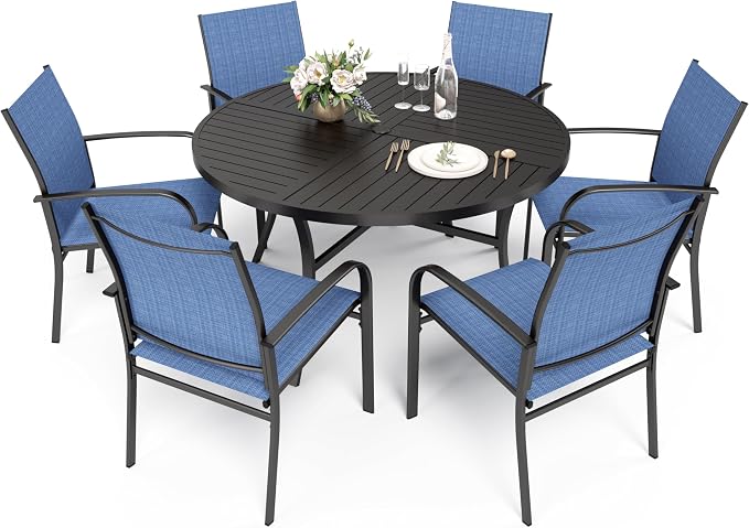 HERA'S HOUSE Outdoor Dining Set for 6, Patio Dining Furniture Set with 6 Patio Chairs, 54" Round Metal Table with Umbrella Hole, Patio Table and Chairs for Backyard Garden, Blue