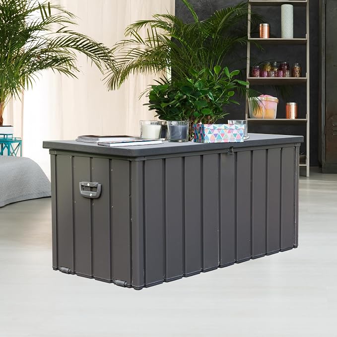100 Gallon Outdoor Storage Box, Waterproof Steel Deck Box with Resin Lid, Large Patio Storage Bin for Outside Cushions, Throw Pillows, Garden Tools, Lockable Storage Container, Dark Grey