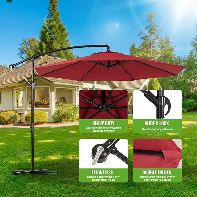 Backyard Expressions 10ft Offset Hanging Patio Umbrella with Crank Lift & Tilt, Outdoor Market Umbrella with UV-Resistant Canopy, Cross Base, and Air Vent for Backyard - Red