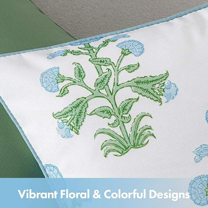 MIULEE Decorative Floral Outdoor Lumbar Pillow Covers with Inserts Set of 2 12x20,Waterproof Vintage Fade Resistant Patio Throw Pillows with Piping for Spring Summer Garden Couch Sofa,Blue and Green