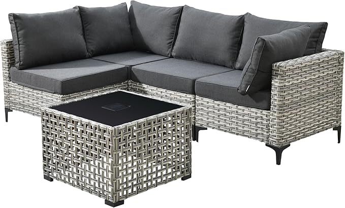 Outdoor Patio Furniture Sets,5 PCS Patio Conversation Set Outside Rattan Sectional Sofa with Coffee Table Fit Backyard Porch Garden Poolside Balcony