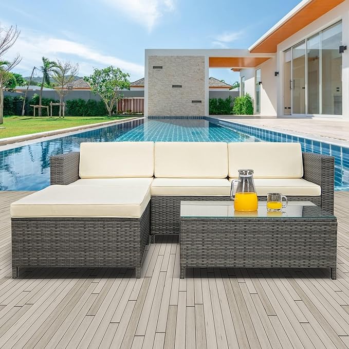RoyalCraft 5 Pieces Patio Furniture Sets, All Weather Outdoor Sectional Sofa Manual Weaving Wicker Rattan Outdoor Conversation Set with with Cushion and Glass Table, Cream