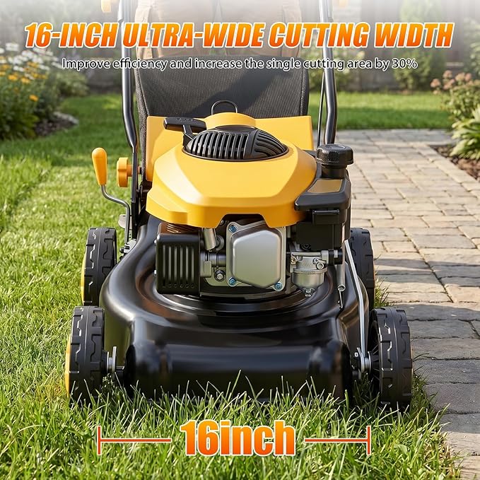 16” Self Propelled Gas Push Lawn Mower,132cc 4-Stroke Air-Cooled Engine,3-in-1 Mowers with 45L Grass Catcher,8-Position Cutting Height (25-75mm),400mm Cutting Width,Hand Push Lawn Mower for Yard