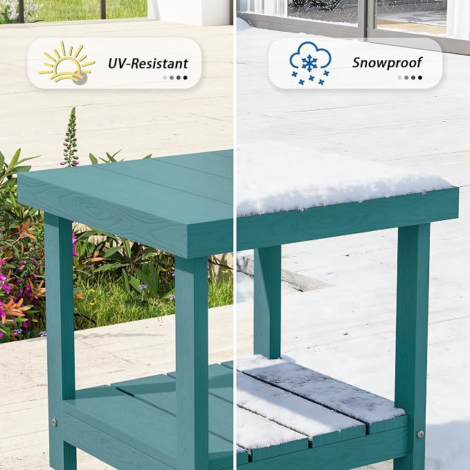 2-Tier HDPE Outdoor Square Side Table, Heavy-Duty Patio Side Table with Storage Shelf, Weather-Resistant Adirondack End Tables for Backyard, Pool, Porch, Garden, Lawn, Lake Blue
