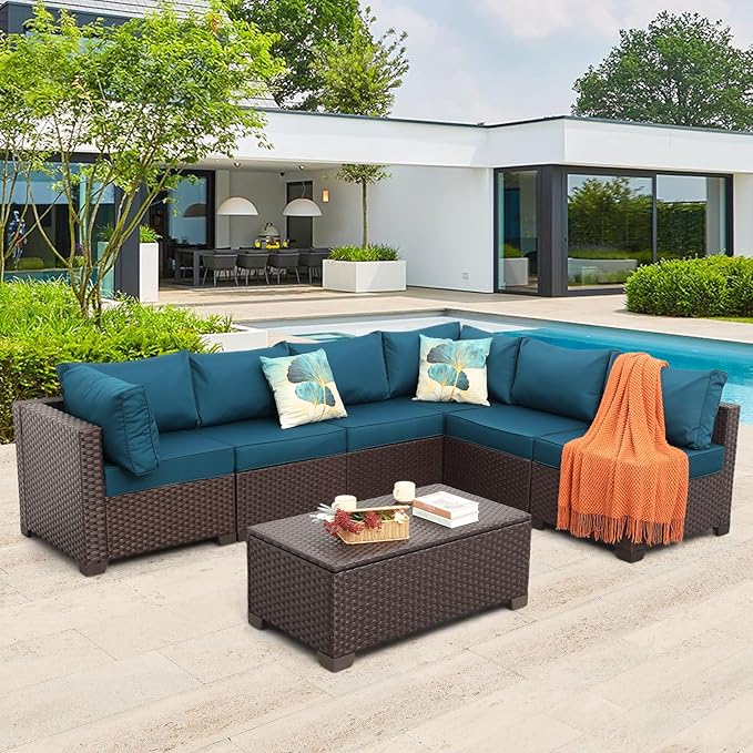 Patio Sectional Sofa Set 7 Pieces Outdoor Wicker Furniture Couch Patio Storage Table with Thicken(5") Non-Slip Cushions Furniture Cover, Peacock Blue