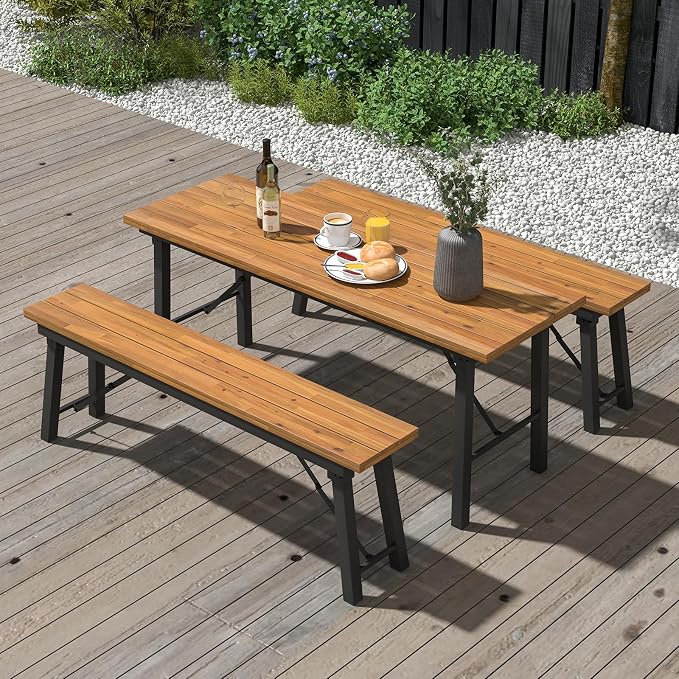 HAPPYGRILL Folding Picnic Table Bench Set, Acacia Wood Dining Table Bench w/Metal Frame, Portable Camping BBQ Table Bench, Rectangular Dining Table for Indoor Outdoor Activities Garden Yard Patio