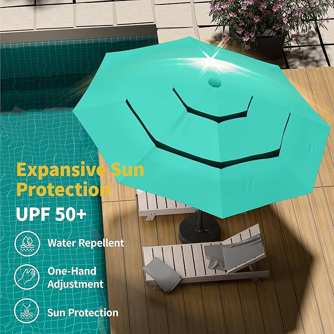 Kingdura 10ft 3-Tier Patio Umbrella with Solar Lights, Table Umbrella Outdoor Patio with Easy Crank & Tilt, 8 Sturdy Ribs, UV Protection, 32 LED Lights for Deck, Poolside, Market (Tiffany blue)