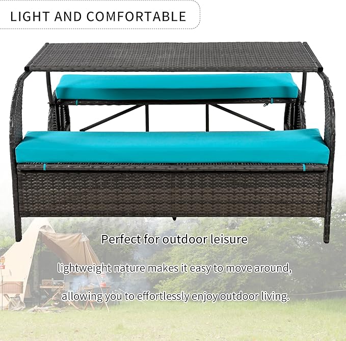 Merax Outdoor Rattan Loveseat, Patio Conversation Sets, Convertible to Four Seats with Table Sofa for Backyard, Garden and Lawn, Blue