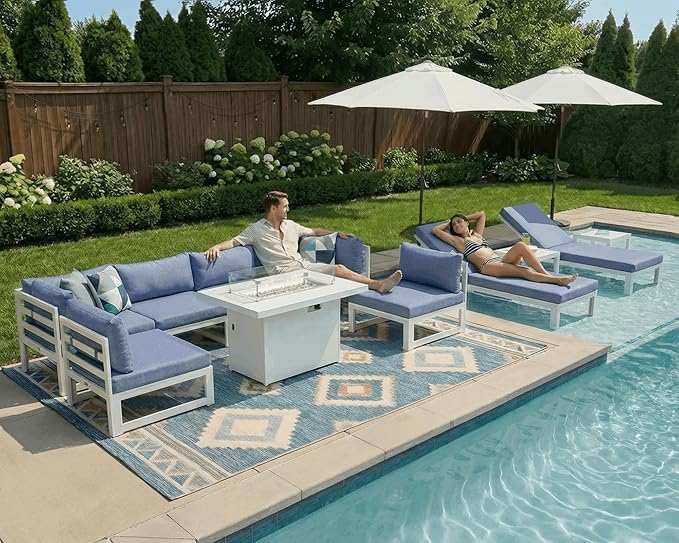 NICESOUL 11 Pcs Large Contemporary Aluminum Outdoor Furniture Set with Chaise Lounge & Fire Pit Table, 29" Deep Wide Couch Set, 500 lbs Heavy Duty Comfy Patio Sectional Sofa for Poolside, Denim Blue