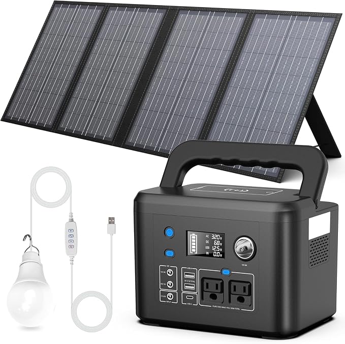 350W Solar Generator, Powkey 60W Solar Panel and 10W USB LED Light Kit, 70,000mAh Power Bank with AC Outlets, 9 Outports Power Station for Outdoors Camping Travel Hunting Emergency