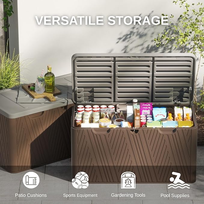 110 Gallon Outdoor Storage Box, Waterproof Patio Deck Box with Lockable Lid, Heavy-Duty HDPE Bench for Garden Tools, Cushions, Brown