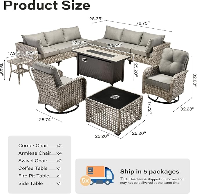 11 Pieces Outdoor Sectional Patio Furniture Set with 54" Fire Pit,Wicker Conversation Sets Rattan L Shaped Couch Swivel Rocking Chairs,Modular Outdoor Sofa for Porch Balcony Backyard Dark Grey