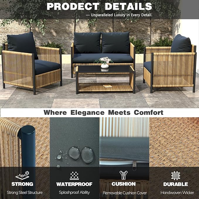 6 Pieces Aluminum Outdoor Patio Furniture Set - 4 Pcs Armchair, Loveseat & Dual-Layer Coffee Table - Rope Sectional Conversation Sofa Sets with Washable Thick Cushion for Garden Backyard Porch