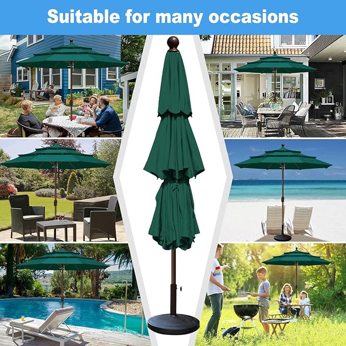 Eurmax USA 10-Year-Non-Fading 10FT 3-Tier Outdoor Patio Market Umbrella,UPF50+ UV Resistant,Heavy Duty Commercial Grade,Crank Lift Design,Windproof Vented Top for Garden,Pool,Deck,Forest Green