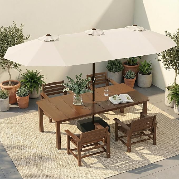 HDPE Outdoor Dining Set for 4, 5-Piece Outdoor Dining Table Set with 15FT Patio Umbrella, Patio Table and Chairs Set with Aluminum Frame & Legs (Brown)