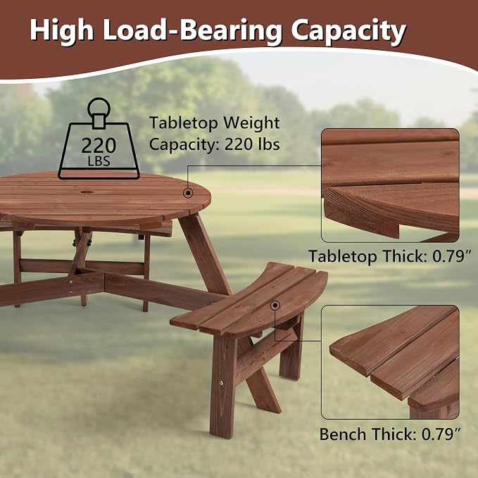 6 Person Outdoor Picnic Table, Wooden Picnic Tables with 3 Built-in Benches Table and Chairs Set with Umbrella Hole Outside Table and Bench Round Picnic Table Patio Tables for Garden, Backyard, Porch
