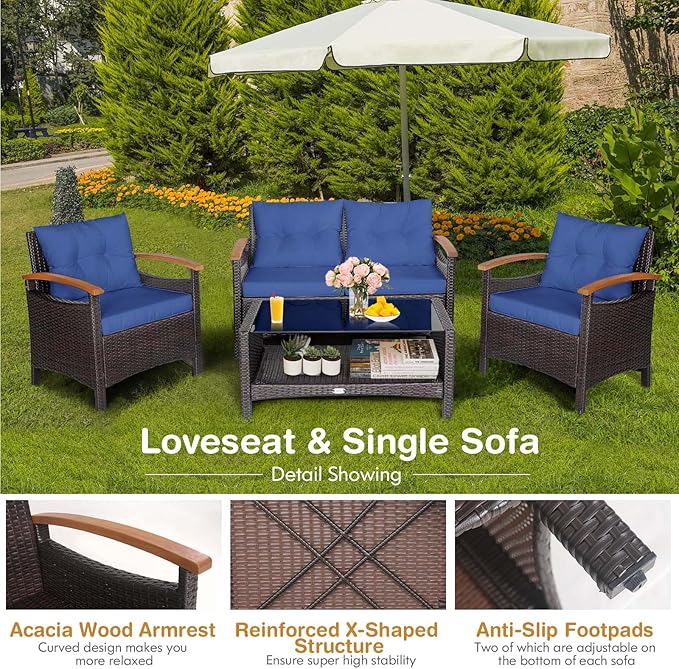 Tangkula 4 Piece Patio Rattan Conversation Set, Outdoor Wicker Sofa Set W/2-Layer Coffee Table, Backrest & Seat Cushions, Acacia Wood Curved Armrests, Suitable for Poolside, Backyard, Deck (1, Navy)