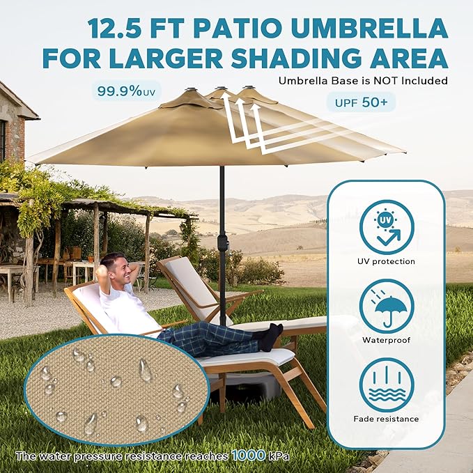 12.5ft Outdoor Patio Umbrella, Double-sided Pool Umbrella with Crank Handle, Large Umbrella for Garden, Backyard (Tan)