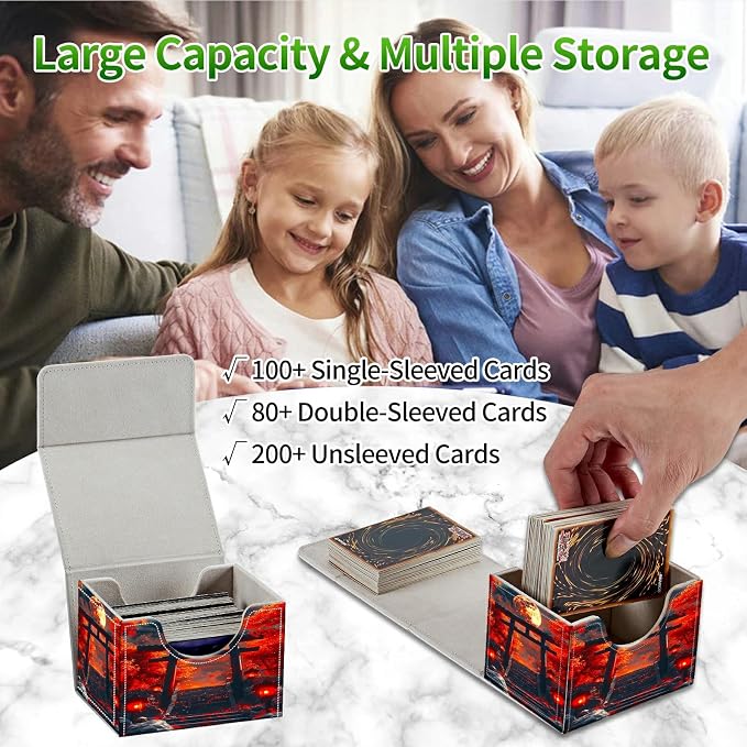 Card Deck Box for MTG, Cards Storage Box Fits 120+ Sleeved, Leather Small Size Strong Magnetic Closing Card Case for Board Games Magic TCG CCG Baseball Collection, Red Maple Leaf Moon