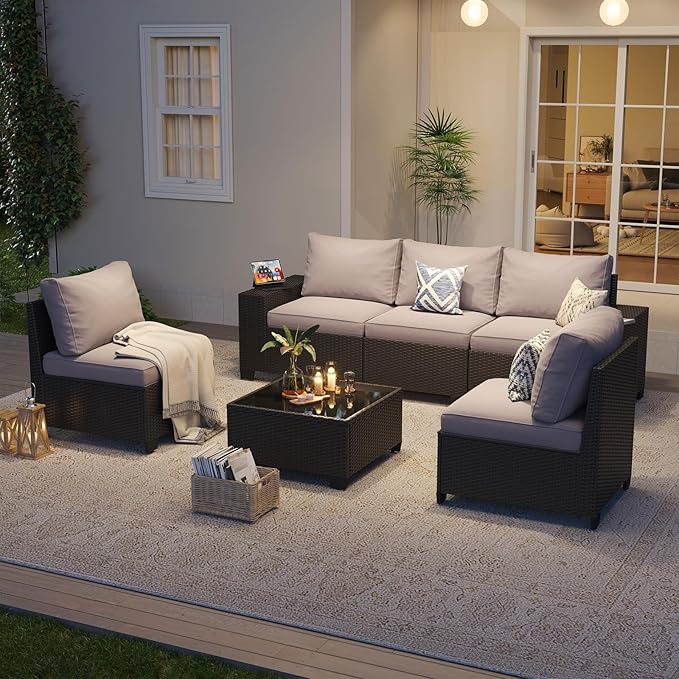 Aoxun 6 Piece Wicker Sectional Set with 4 Inch Cushion, Wide Armrests and Waterproof Cover for Backyard
